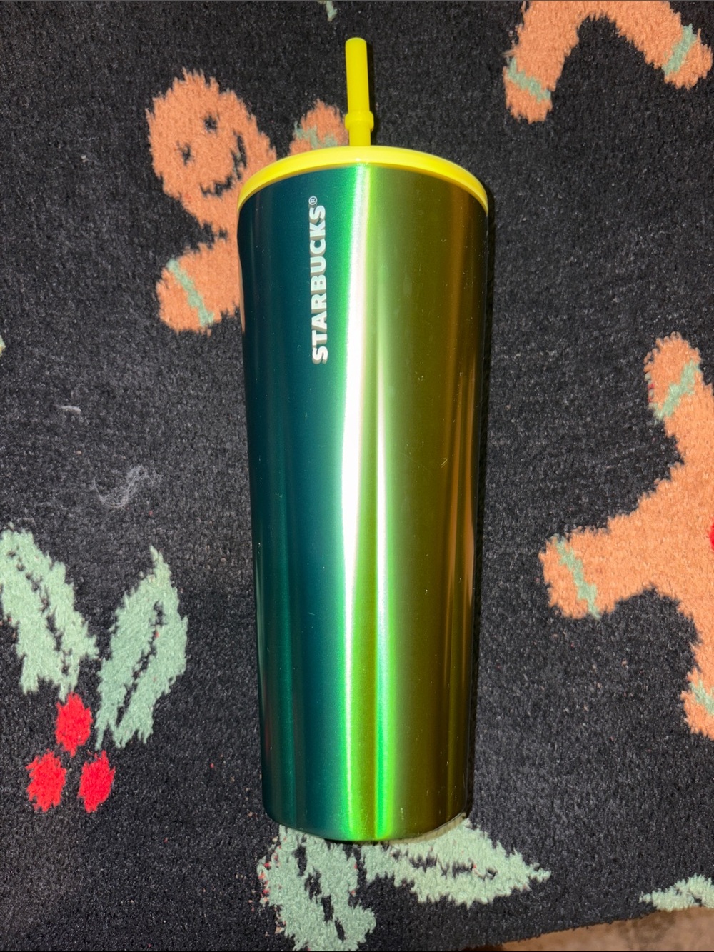 Starbucks Iridescent Green Tumbler with Yellow Lid and Straw